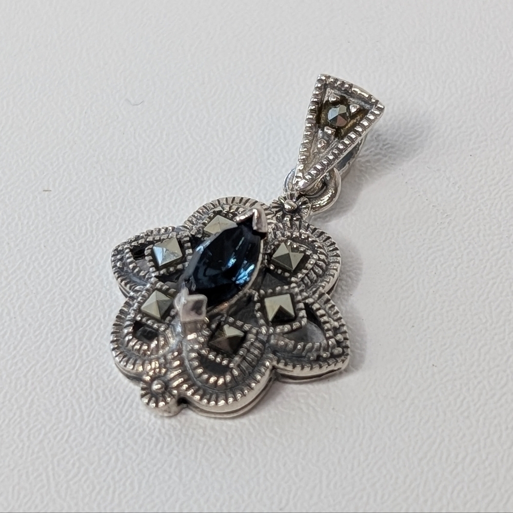 Sterling, Marcasite, & Blue CZ Pendant - Dainty Everyday 925 Silver